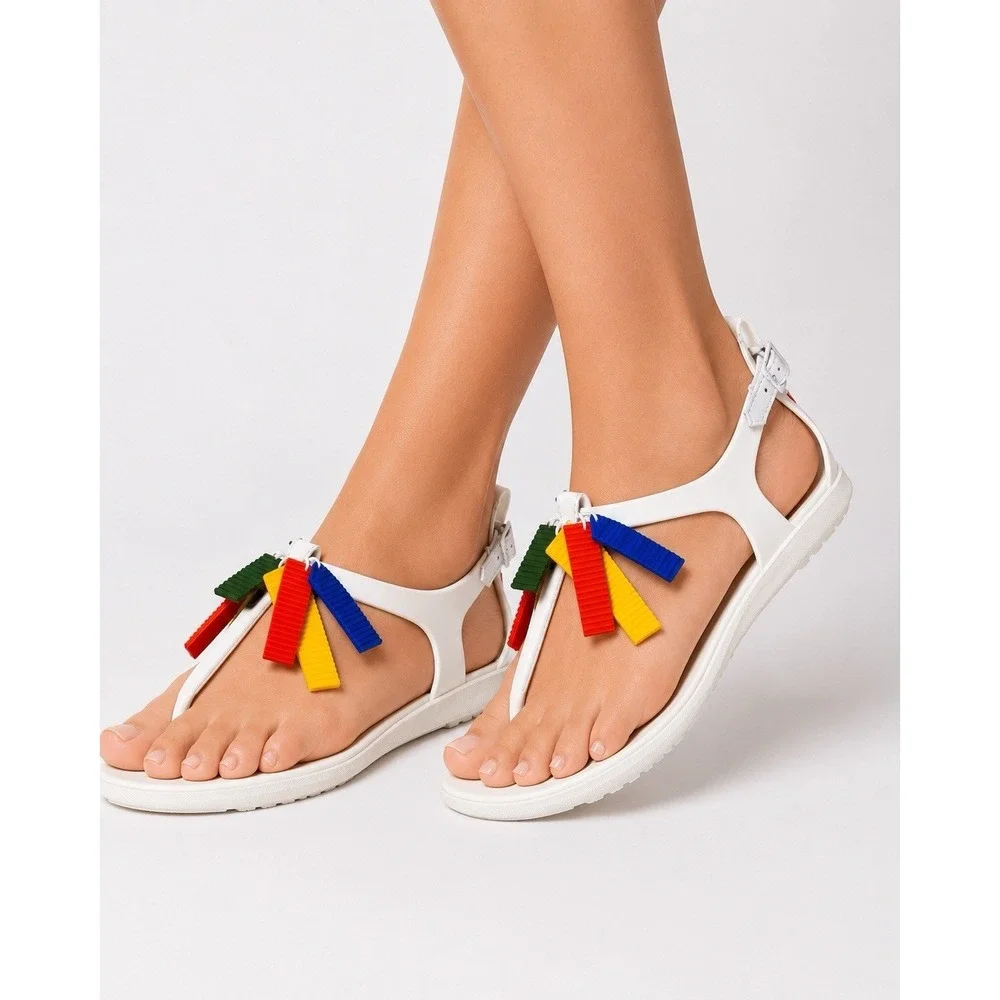 Hunter Original White T-Strap Sandals Rainbow Fringe Charms Women's US 6